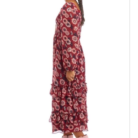 Rare Editions Big Girls Printed Lurex Chiffon Smocked Maxi Dress - Burgundy - Picture 7 of 16